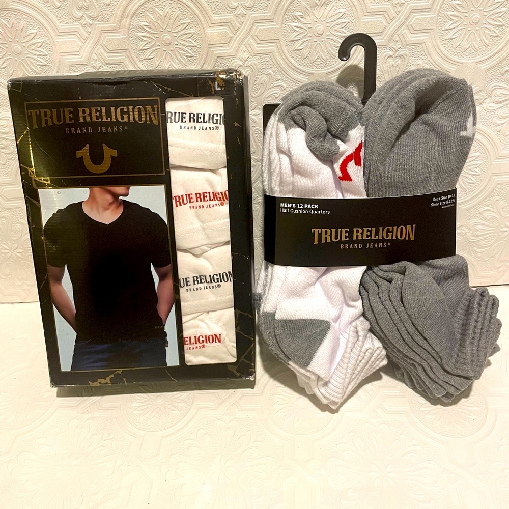 Men’s True Religion 4 Pack V-Neck T-Shirts w/ Men’s True Religion 12 Pack Socks